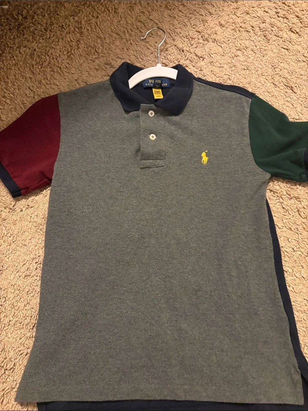 Ralph Lauren Gray Colorblock Polo with Navy Collar and Contrasting Sleeves
